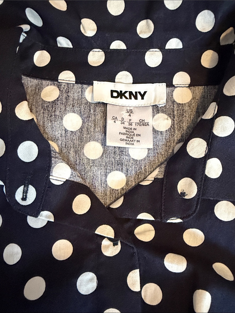 DKNY Navy & White Polka Dot Midi Shirt Dress w/ Tie Waist 4 - Picture 7 of 9
